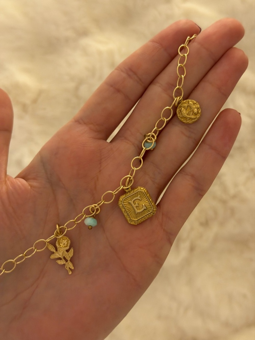 Gold Charm Link Necklace with Turquoise Beads